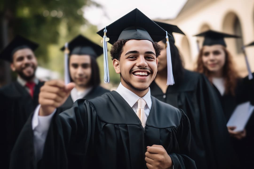 Young male hispanic graduate student against university background
